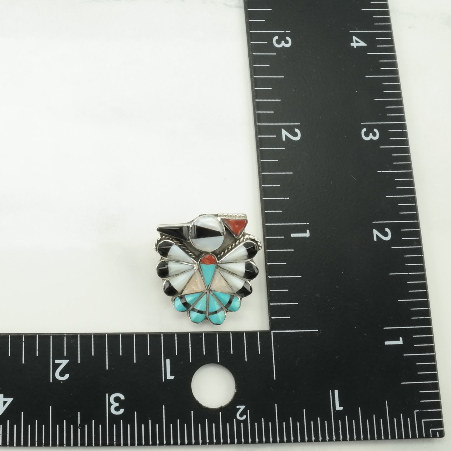 Native American MOP, Onyx, Turquoise, Coral Inlay, Thunderbird Sterling Silver Pendant