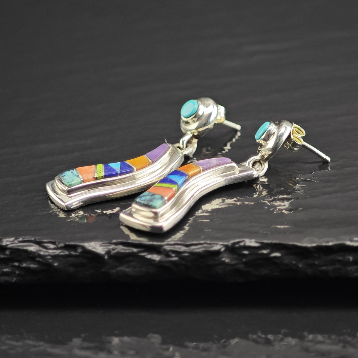 Vintage TSF Native American Multistone Inlay Sterling Silver Stud Earrings ER3219