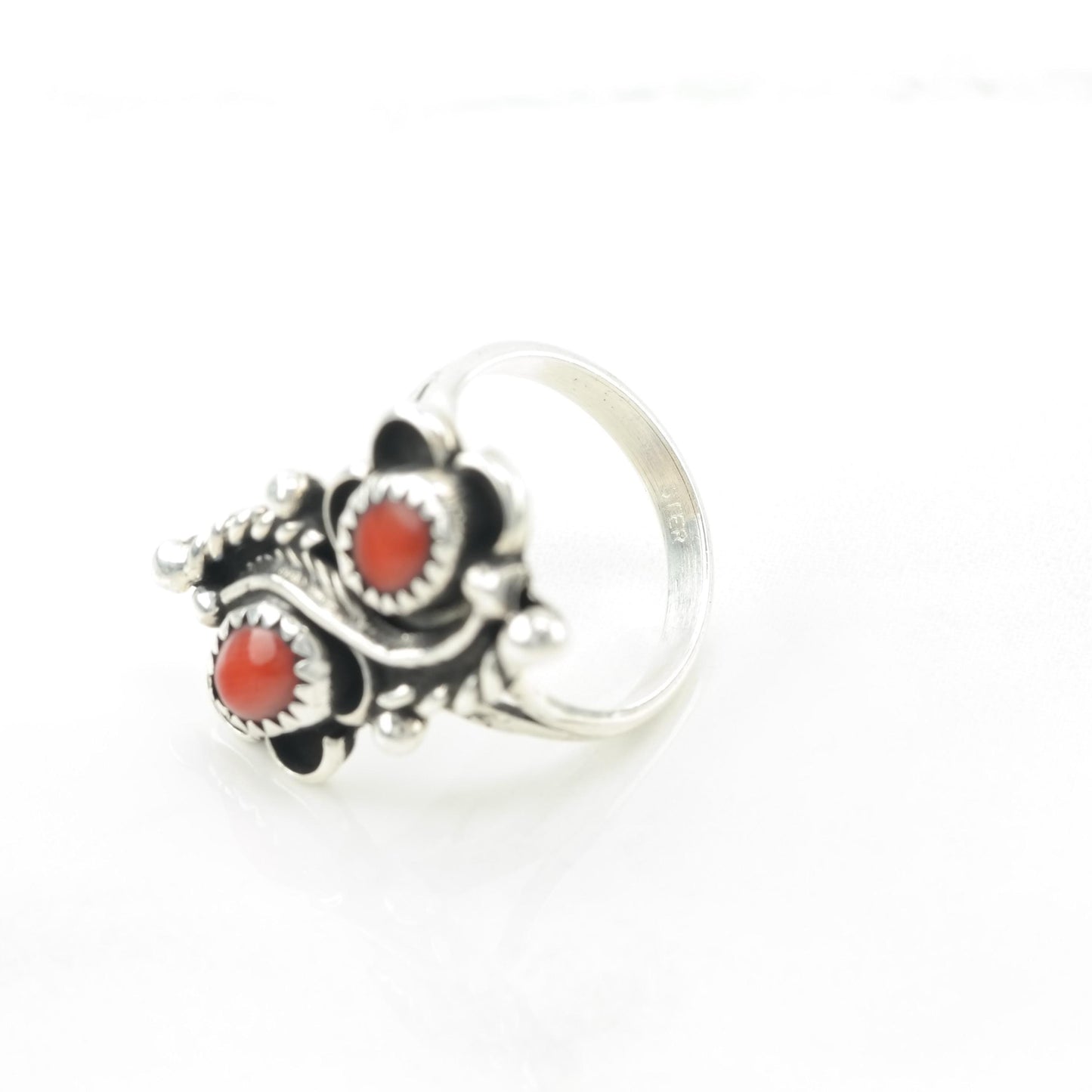 Sw Silver Ring Coral Floral, Shadow Box Sterling Red Sz5 R5418