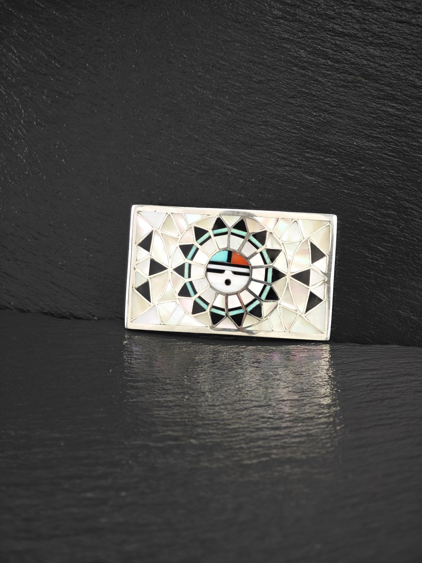 Zuni, Native American Sunface, Inlay Belt Buckle Sterling Silver