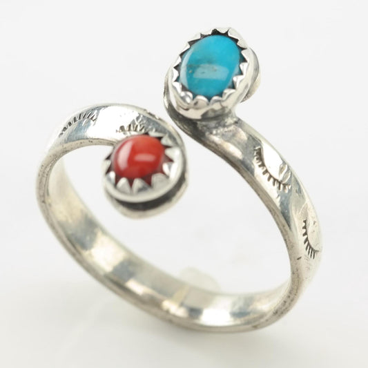 Southwest Silver Turquoise, Coral Bypass Ring Sterling Size 9 1/4