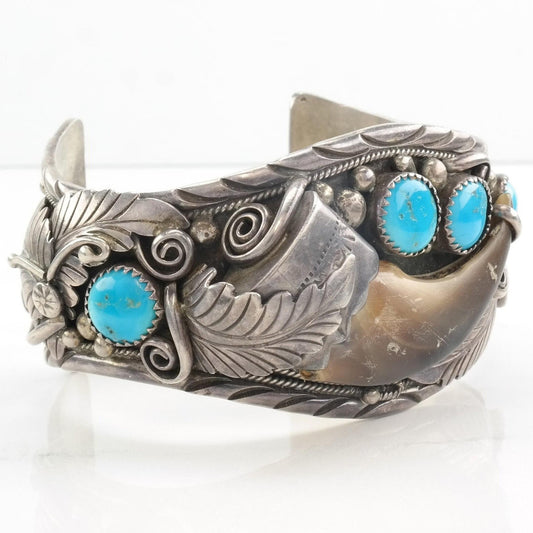 Native American Sterling Silver Cuff Bracelet Blue Turquoise Feather