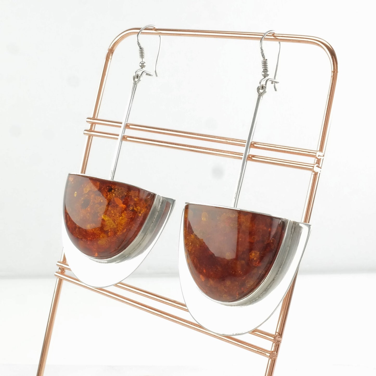 Large Amber Hook Dangle Earrings Sterling Silver Fish Statement Modernist