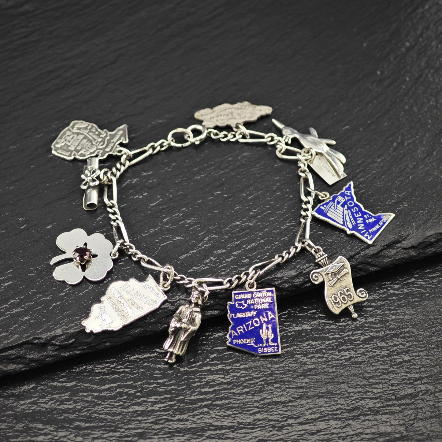 Enamel State Charm Bracelet Sterling Silver 6 3/4" BR3007