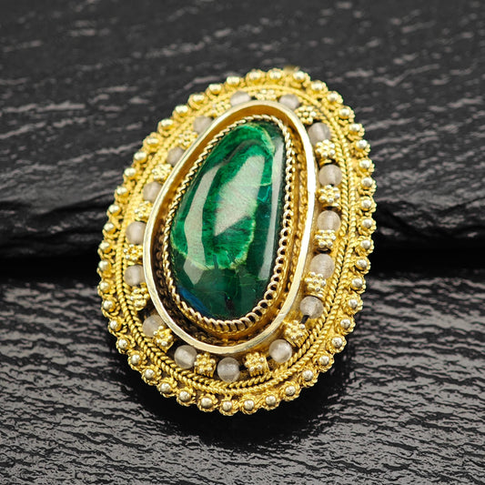 Eilat Stone Pendant/Brooch in Sterling Silver, Gold Gilded with Imitation Pearls