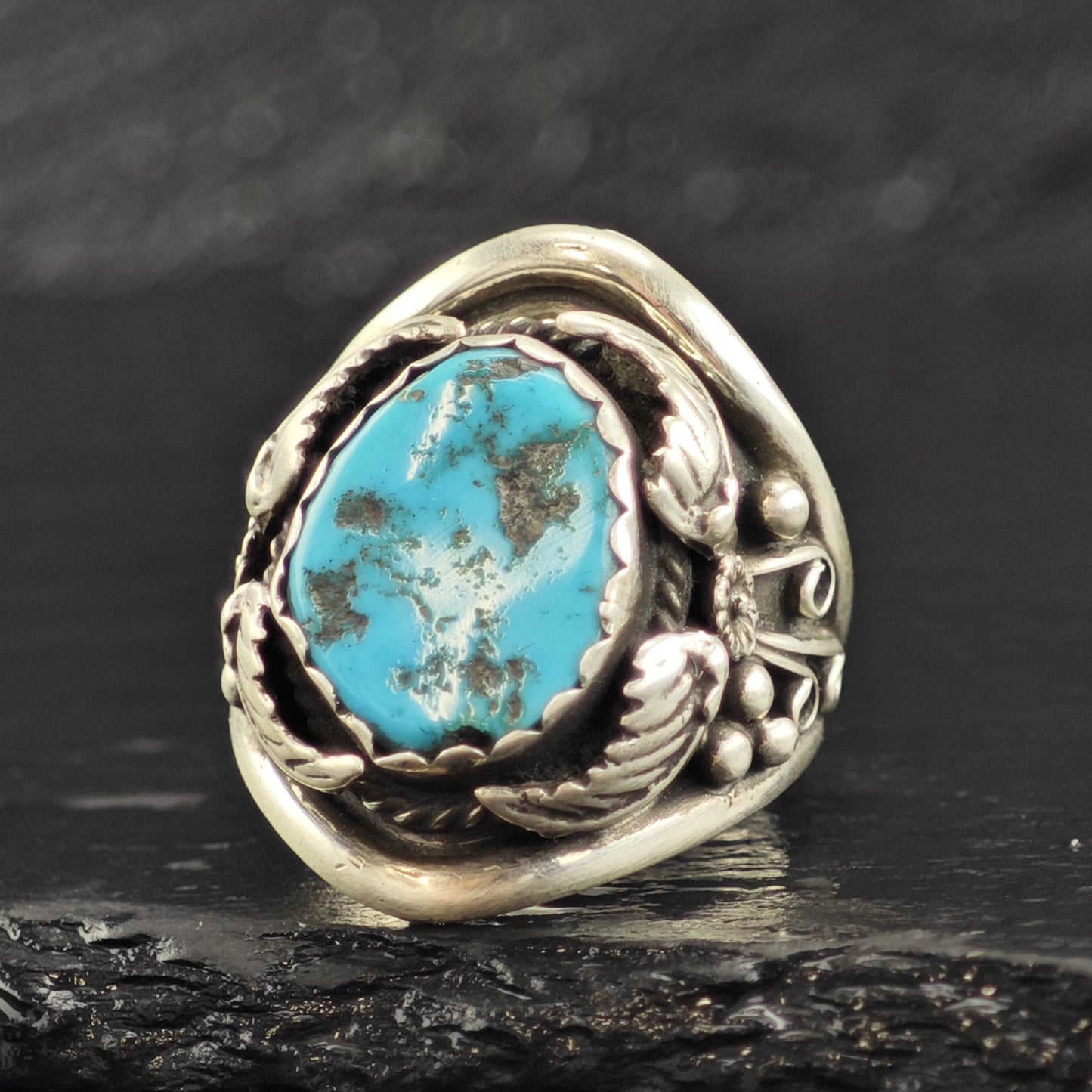 Native American Turquoise & Leaf Design Sterling Silver Ring Sz 10 3/4 R6591