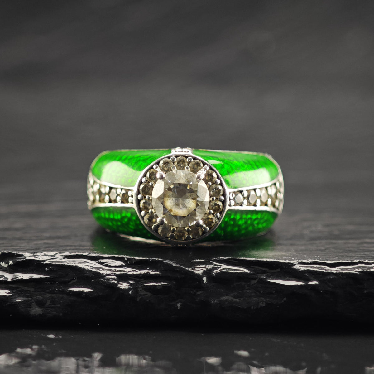 Hallmark Green Enamel CZ Sterling Silver Ring Sz 6 R6824