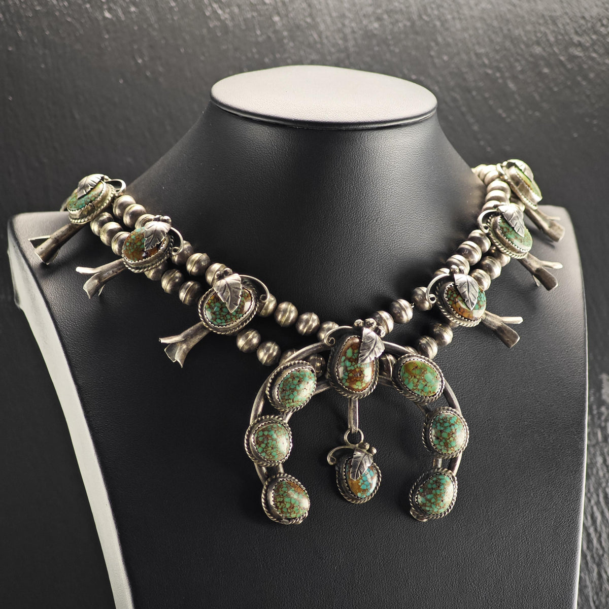Vintage Navajo, Native American Royston Spiderweb Turquoise By Rose A. Chee Sterling Silver Squash Blossom Necklace N2767