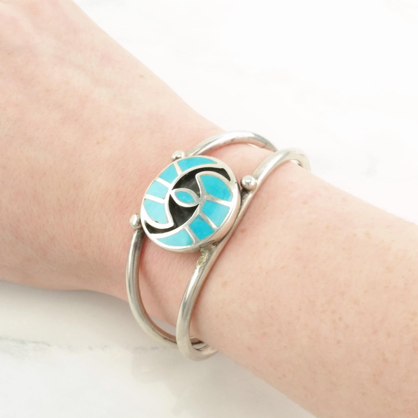 Native American Sterling Silver Cuff Bracelet Blue Turquoise Inlay