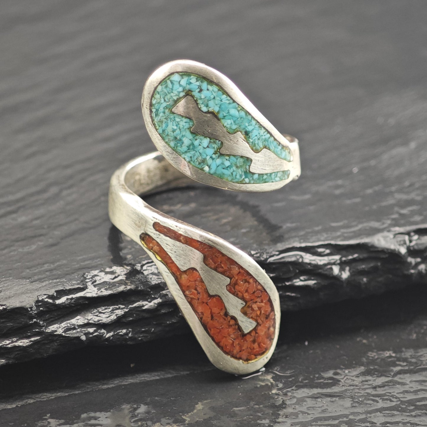 Native American Turquoise & Coral Inlay Bypass Sterling Silver Ring Sz 8 1/2 R6658