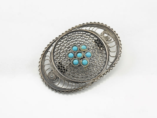 Vintage Filigree Turquoise Brooch Sterling Silver