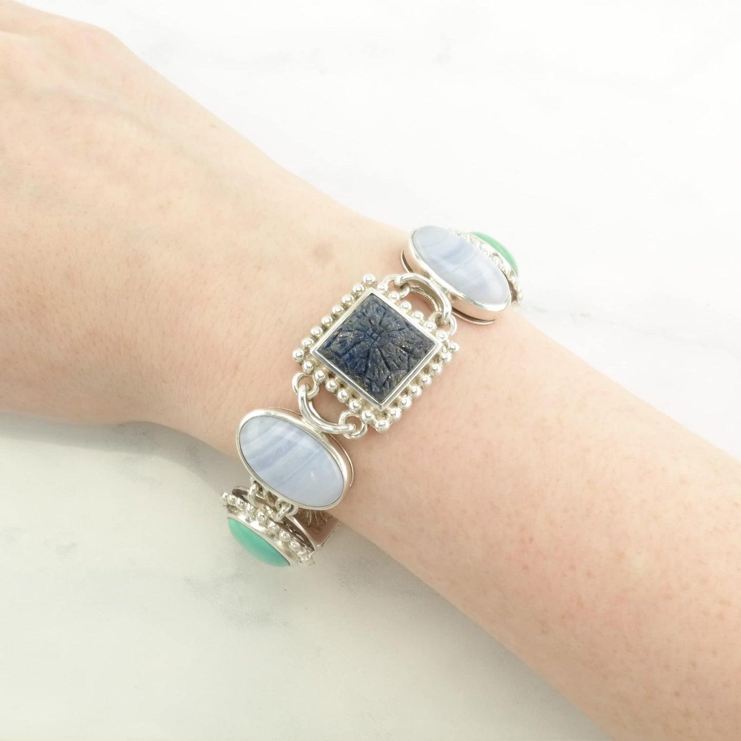 Whitney Kelly Sterling Silver Link Bracelet Blue, Green, Purple, White Turquoise, MOP, Agate, Lapis Carved, Flower