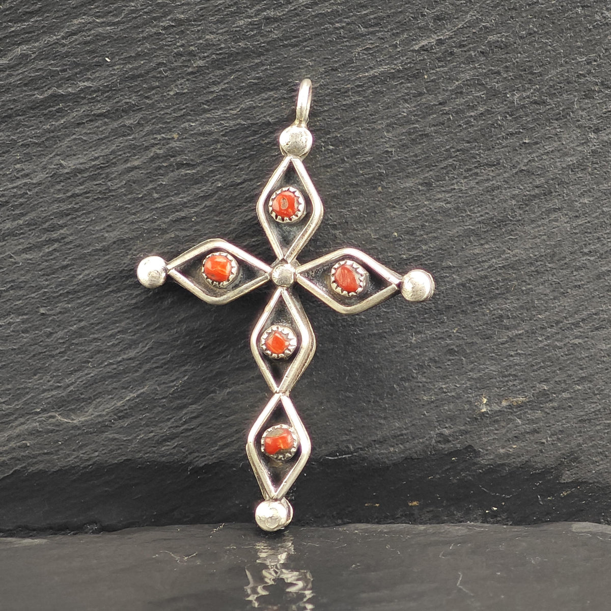 Reversible Zuni Turquoise, Coral Cross Sterling Silver Pendant P3143