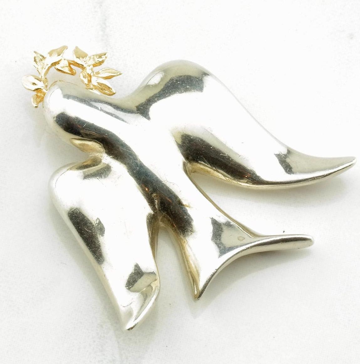 Modernist Sterling Silver and Gold Dove Brooch B1349