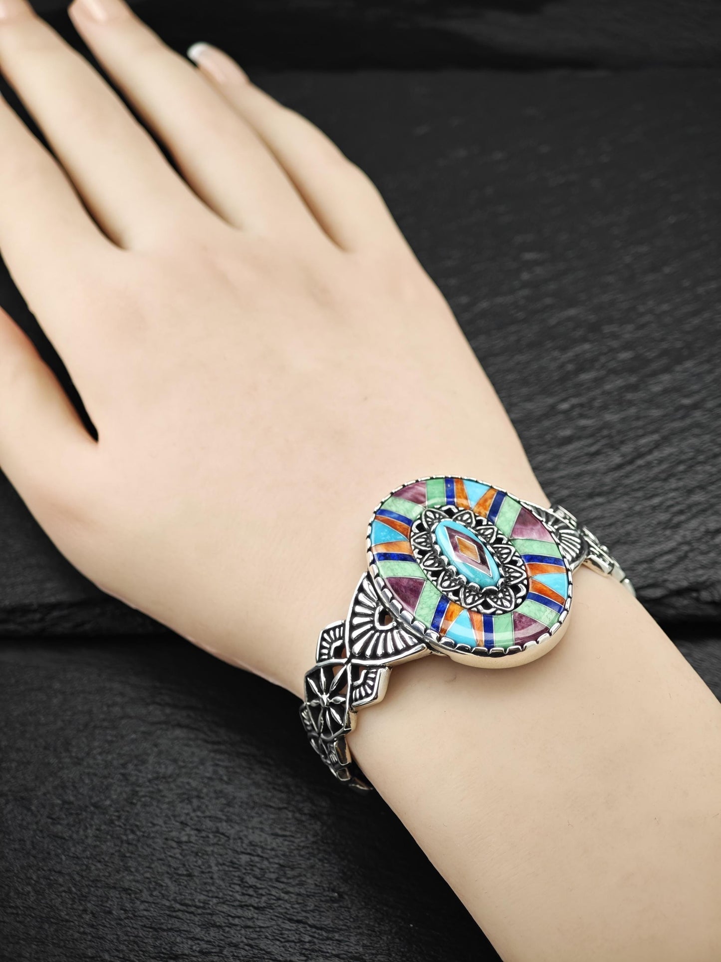 Carolyn Pollack Turquoise, Gem Inlay Cuff Bracelet Sterling Silver