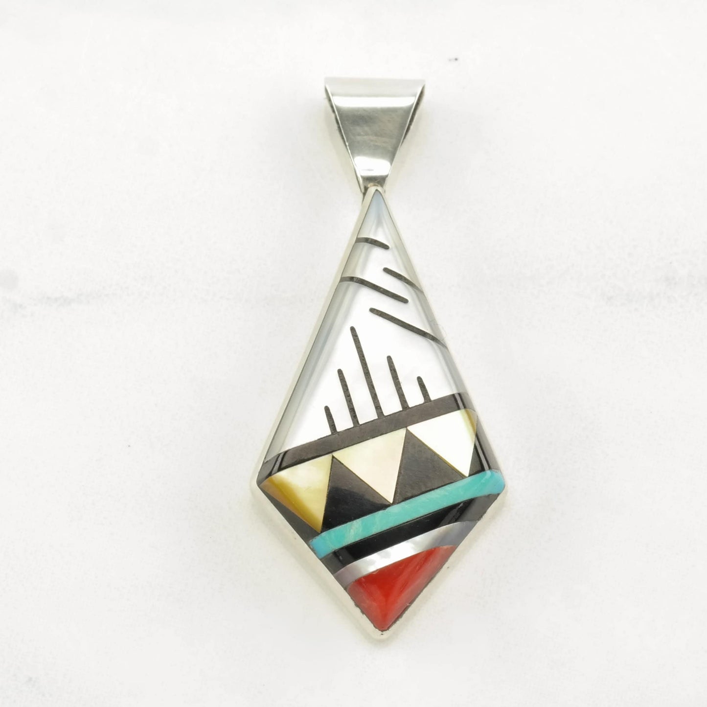 Zuni Multi Stone Inlay, Geometric Sterling Silver Pendant