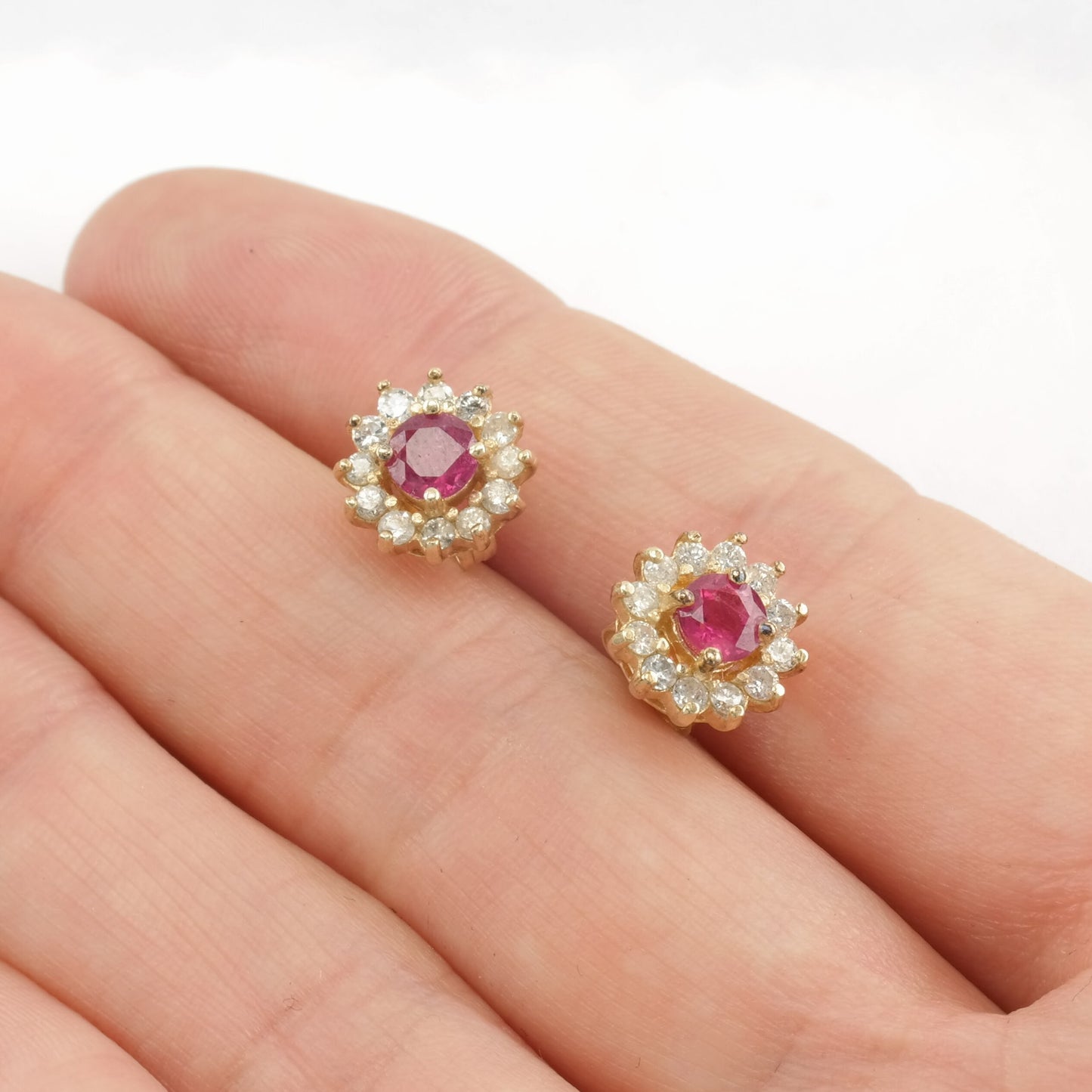 Sterling Silver Pink Ruby, Diamond, Halo Earrings Stud