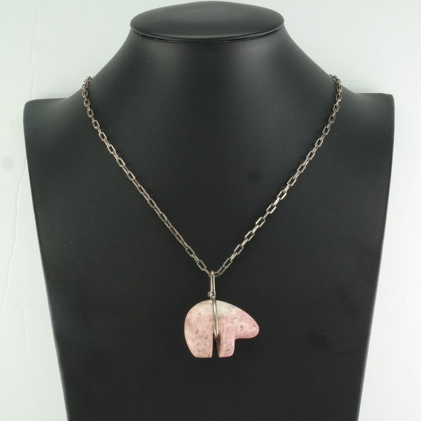 Southwest Sterling Silver Pink Rhodonite Bear, Fetish Necklace