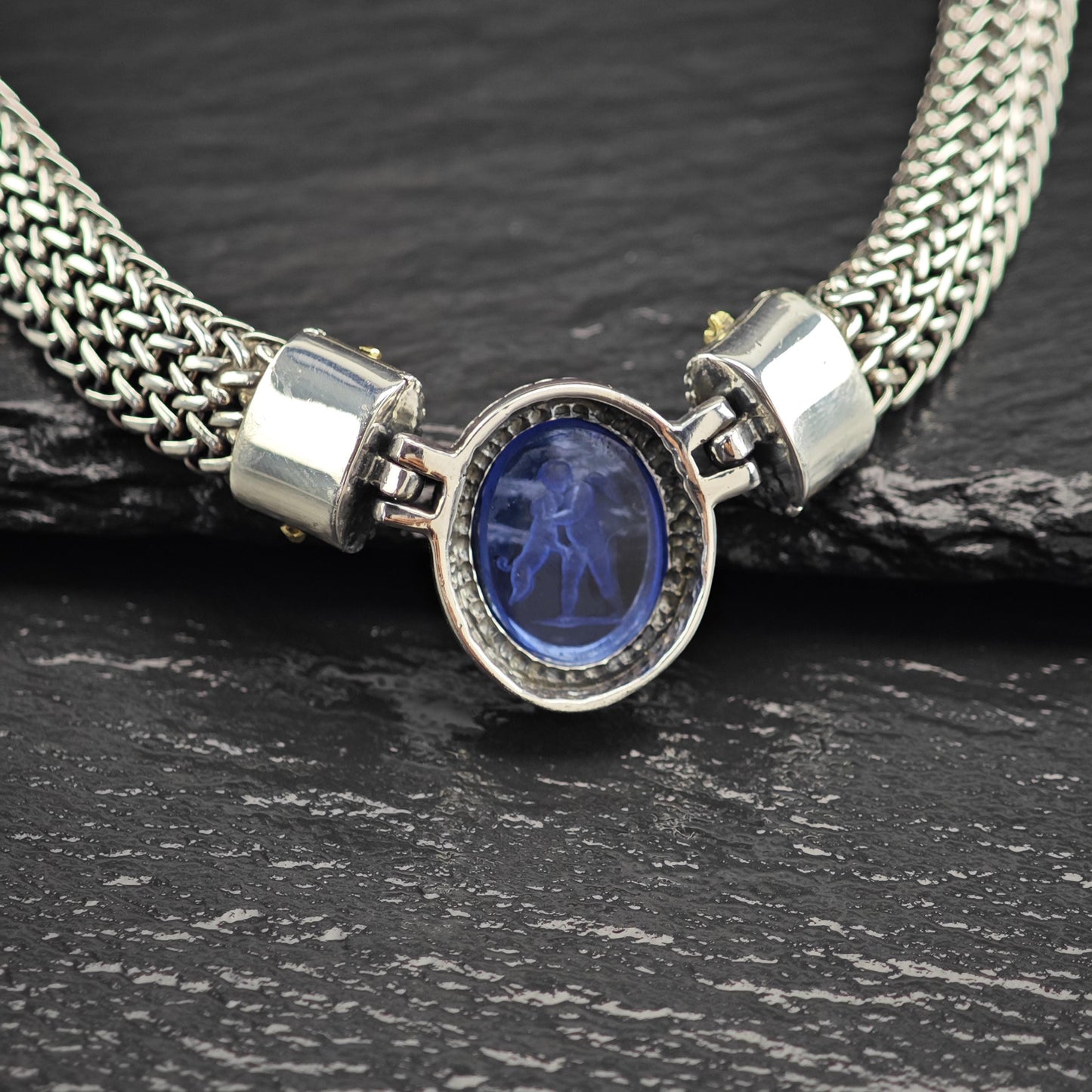 Dog Angel Necklace Blue Venetian Glass Intaglio 18K Gold Sterling Silver N2582
