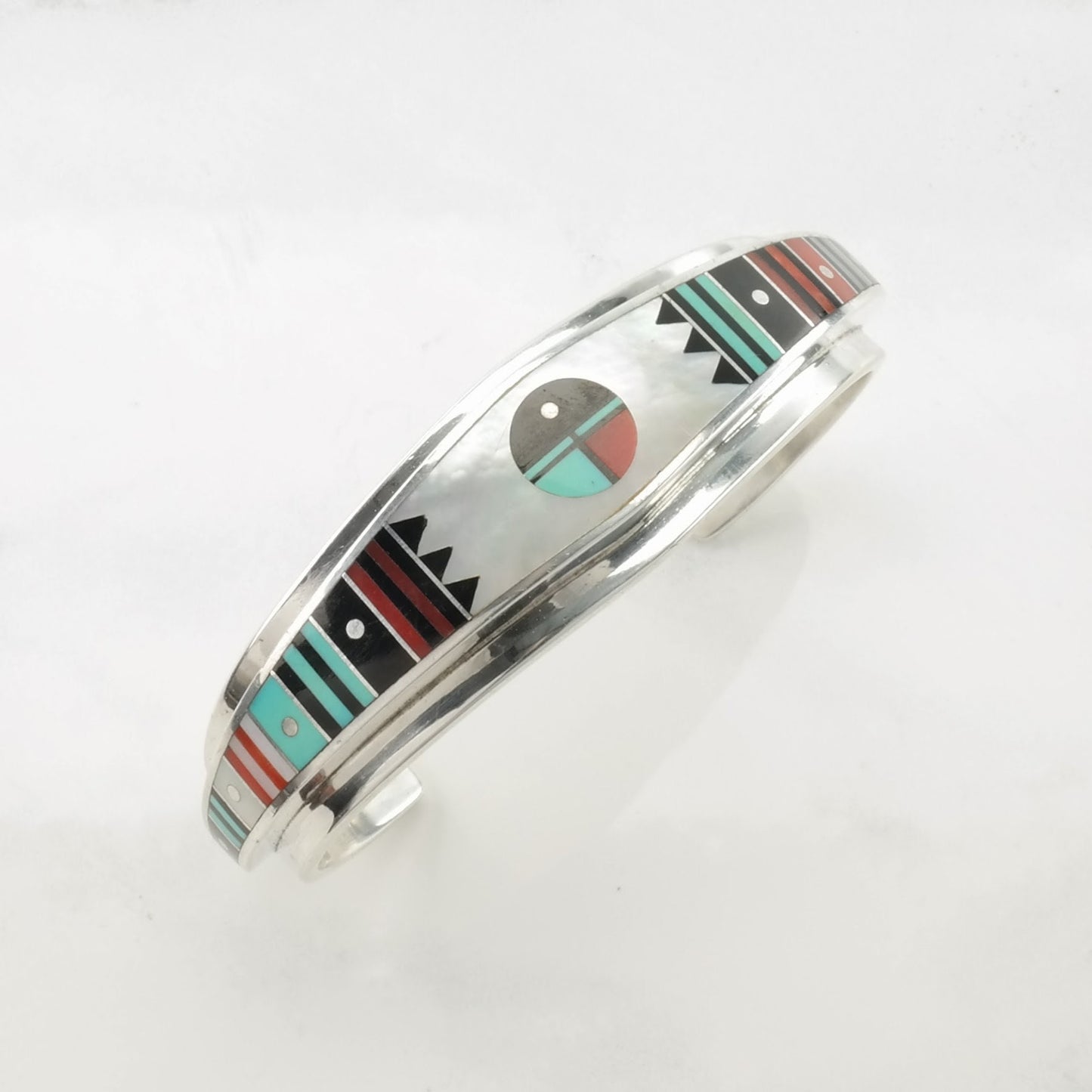 Native American, Benally Sterling Silver Cuff Bracelet MOP, Onyx, Turquoise, Coral Inlay