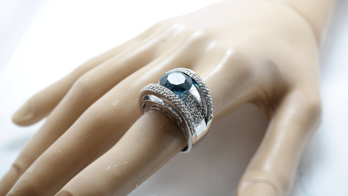 Sterling Silver Ring Blue Topaz White Spinel Size 7 1/4