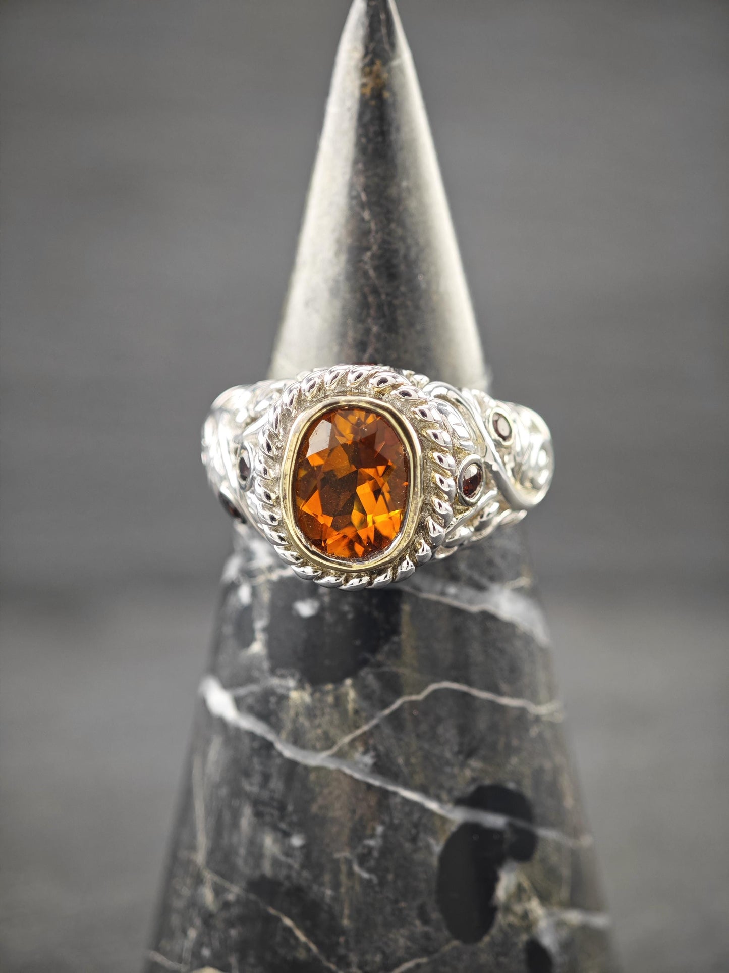 Citrine, Garnet, Gold Bezel Ring Sterling Silver