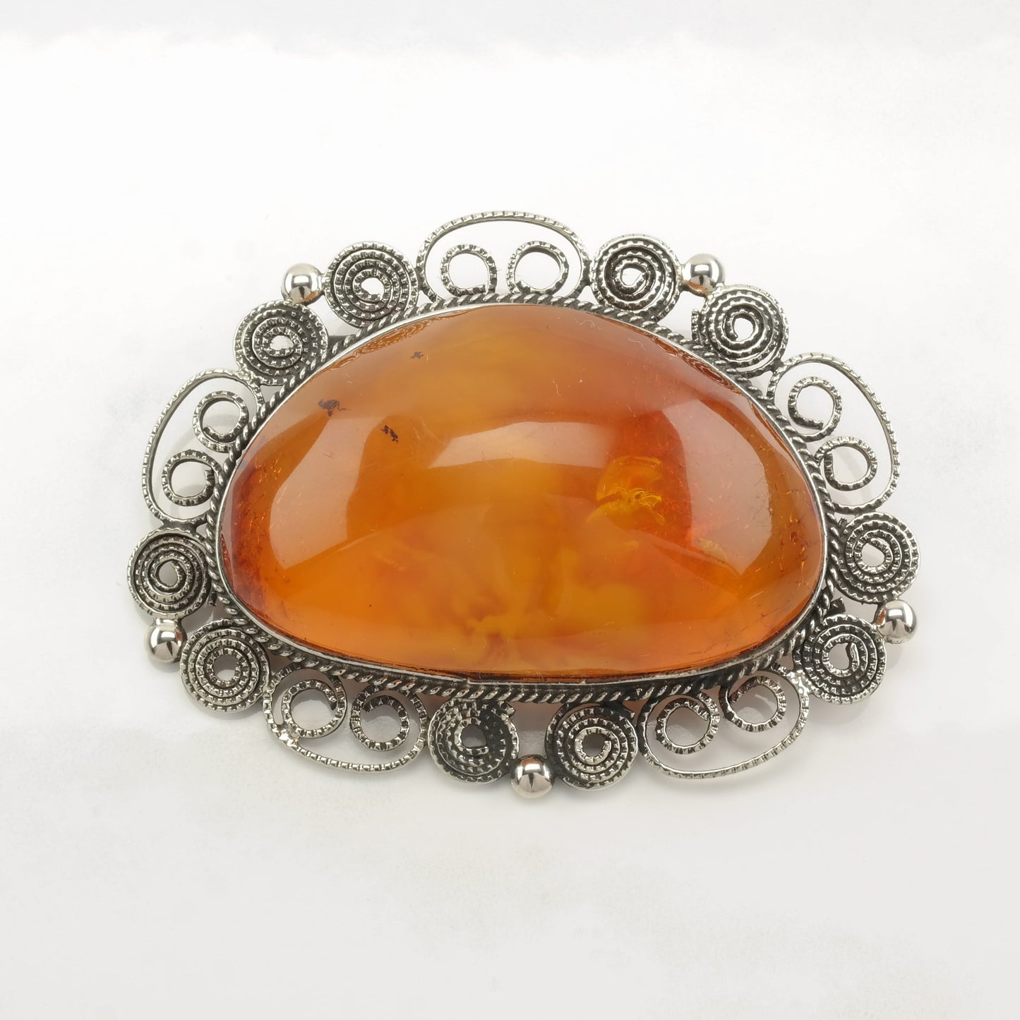 Boho Sterling Silver Brooch Filigree Baltic Amber