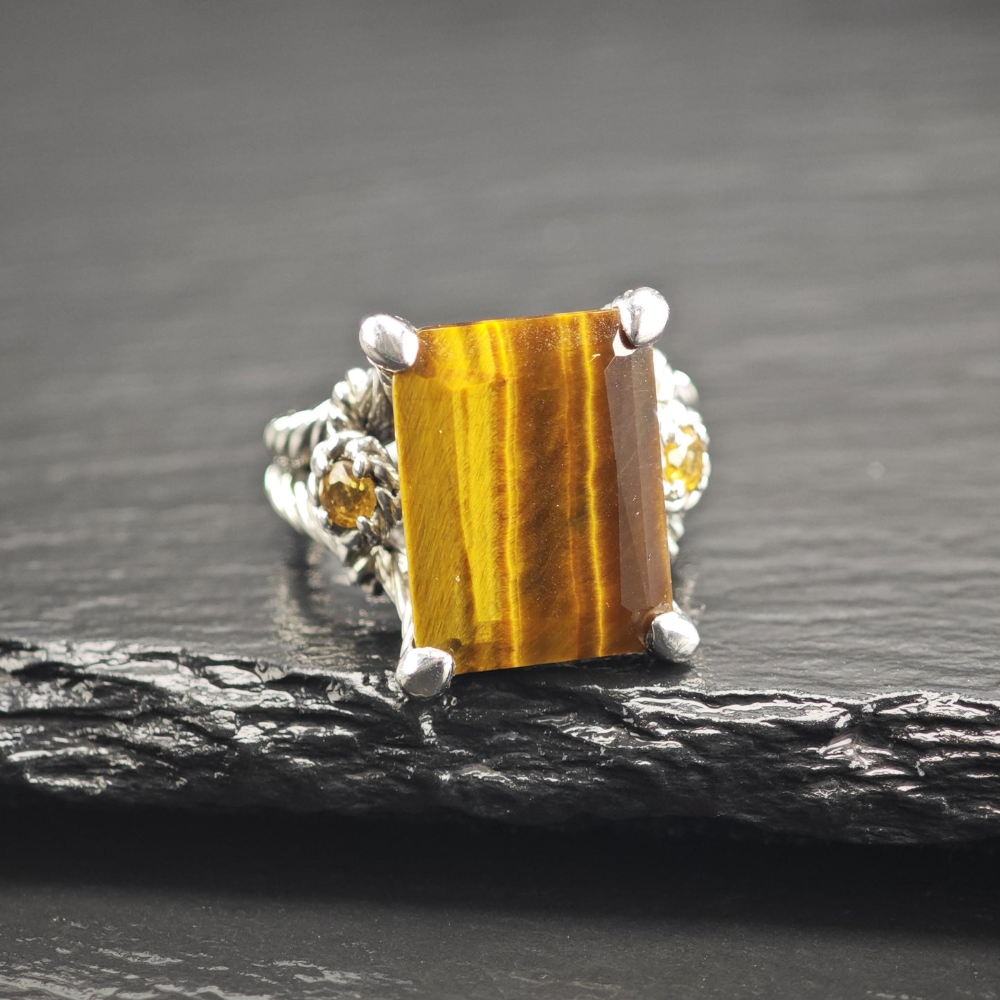 Judith Ripka Tiger's Eye, Citrine Sterling Silver Ring Sz 7 R6742