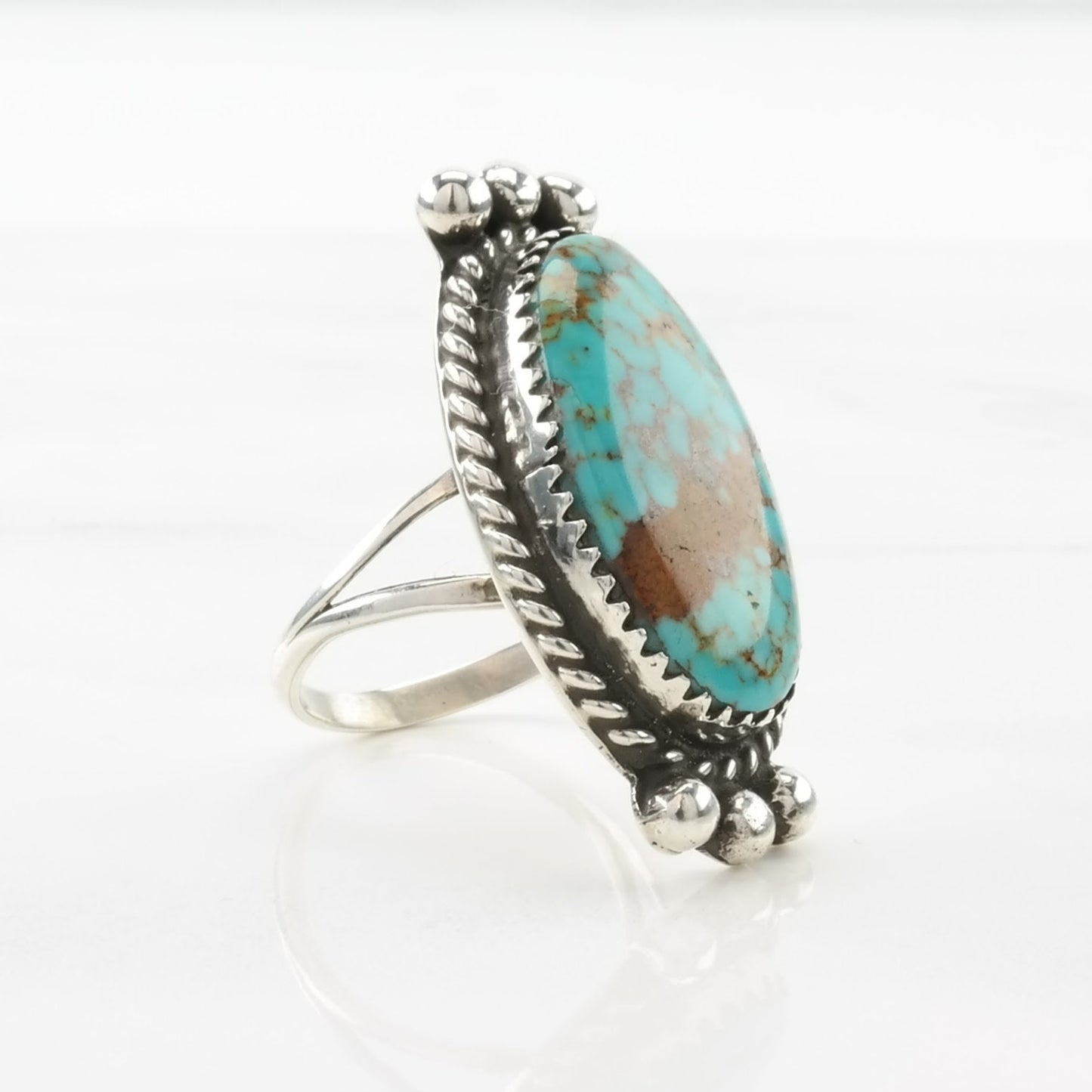 Vintage Native American Silver Ring Turquoise Navette Sterling Blue Size 6 1/4