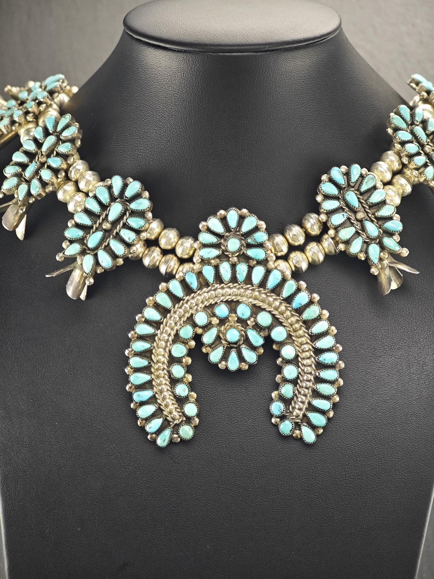Native American Turquoise Cluster, Squash Blossom Necklace, Cuff, Earrings, Ring Set Sterling Silver