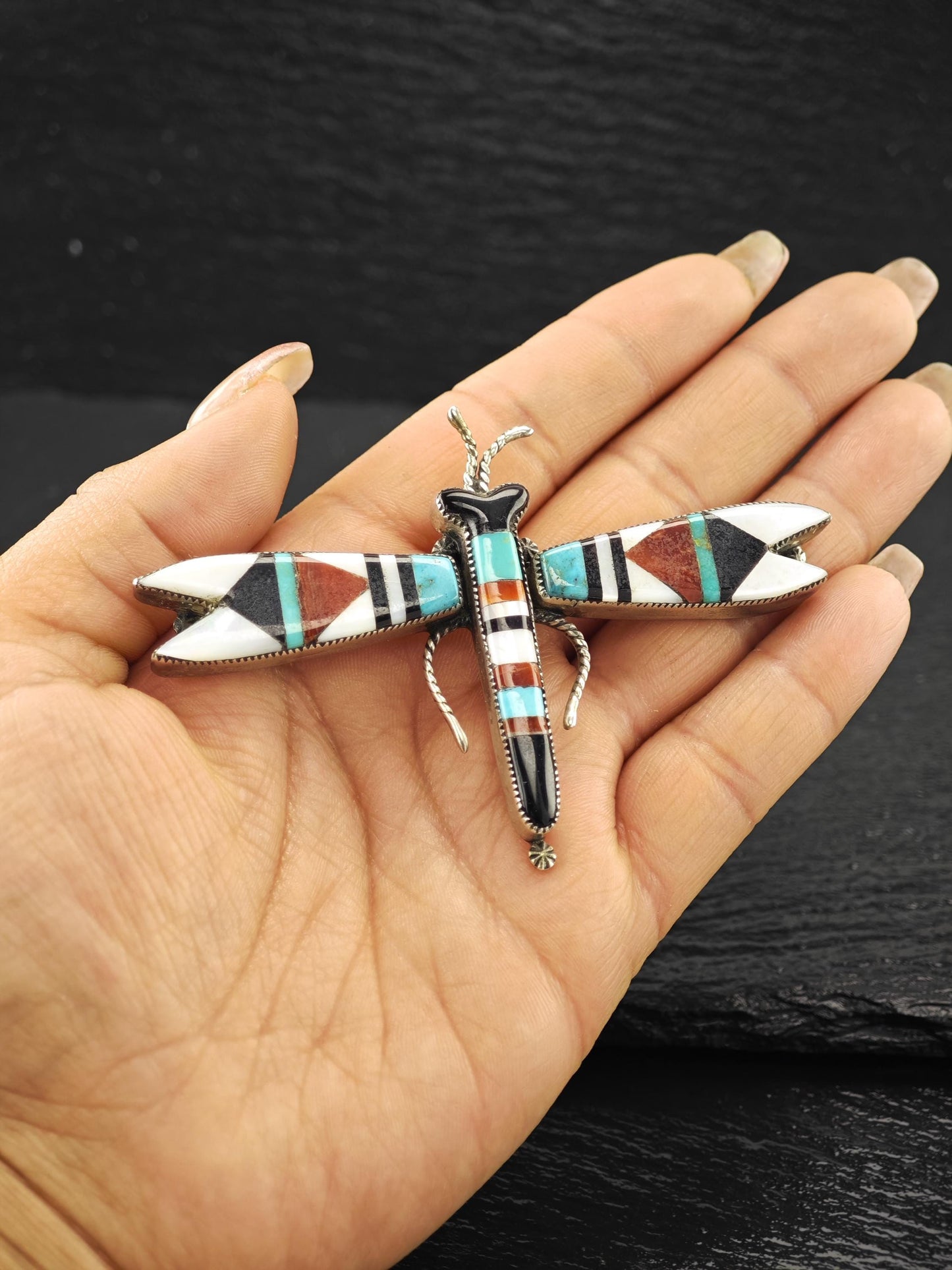 Attr. Lambert Homer Sr, Native American, Zuni Inlay, Dragonfly Brooch/Pendant Sterling Silver