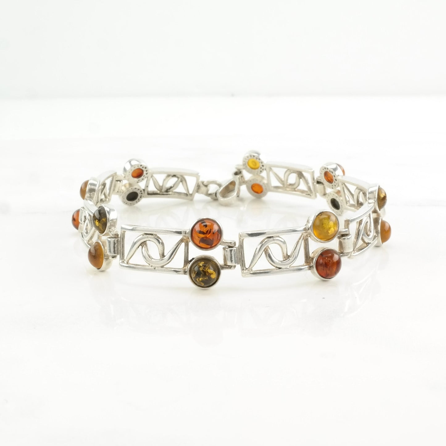 Vintage Sterling Silver Link Bracelet Amber