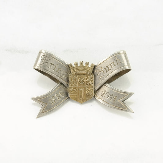 Victorian Sterling Silver Brooch 1886-1911, War Medal/Bow, Krieg Bund Bow, Crest