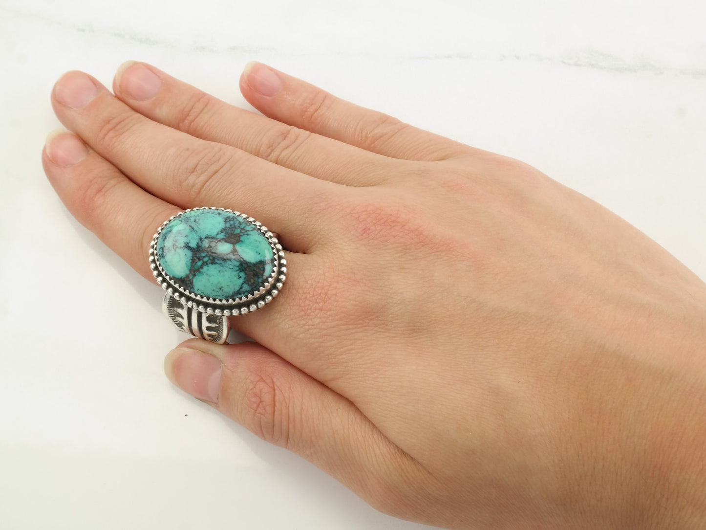 Vintage Native American Silver Ring Turquoise Oval, Stamped Sterling Size 14