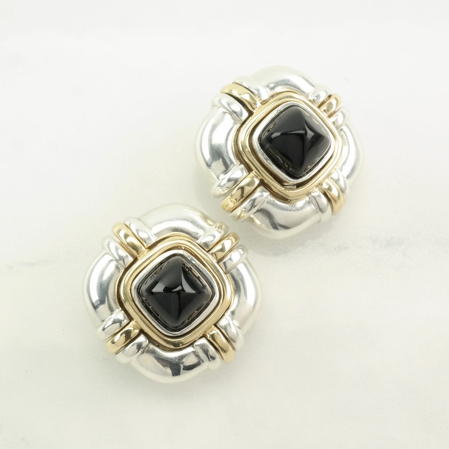 Designer Sterling Silver Black Onyx, 18K Gold Earrings Clip On