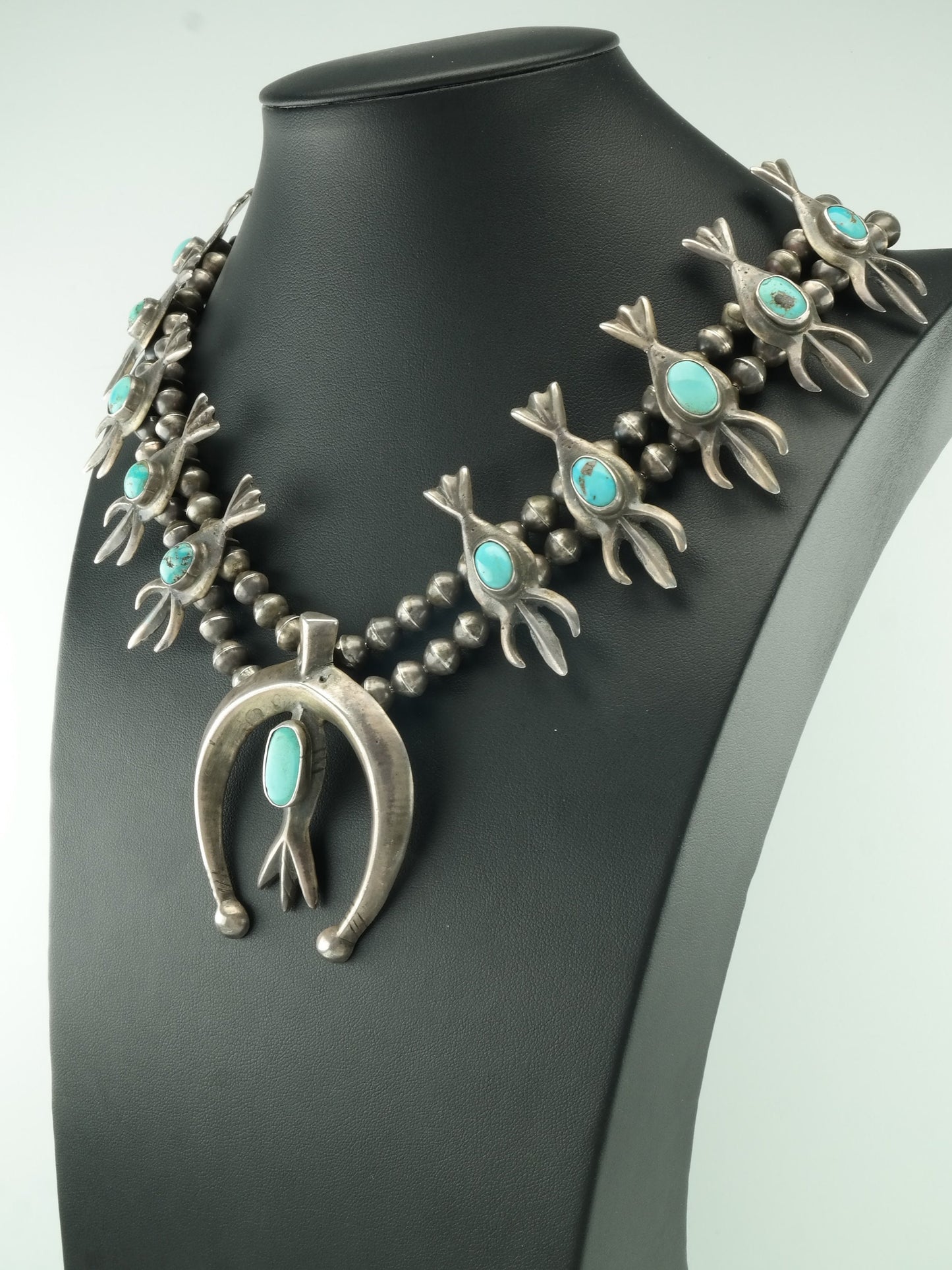 Vintage Squash Blossom Native American Sterling Silver Blue Turquoise Necklace