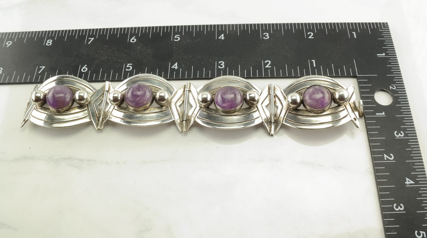 Taxco Amethyst Cabochon Sterling Silver Panel Bracelet