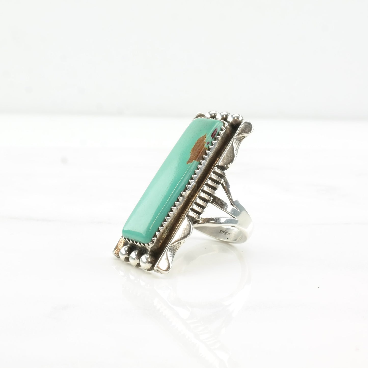 Native American Silver Ring Turquoise Long Rectangle Shadowbox Sterling Size 8 1/2