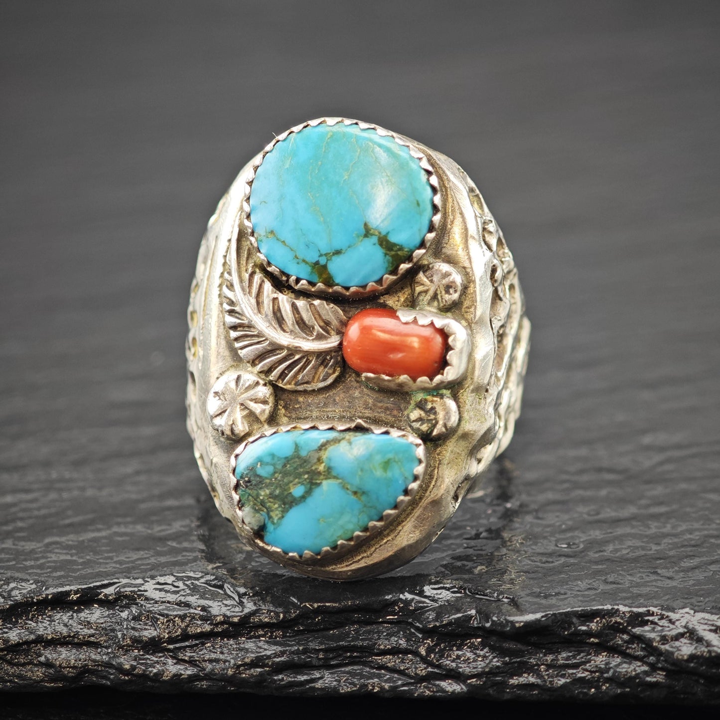 Native American Turquoise, Coral Floral Ring Sterling Silver Sz 13 1/4