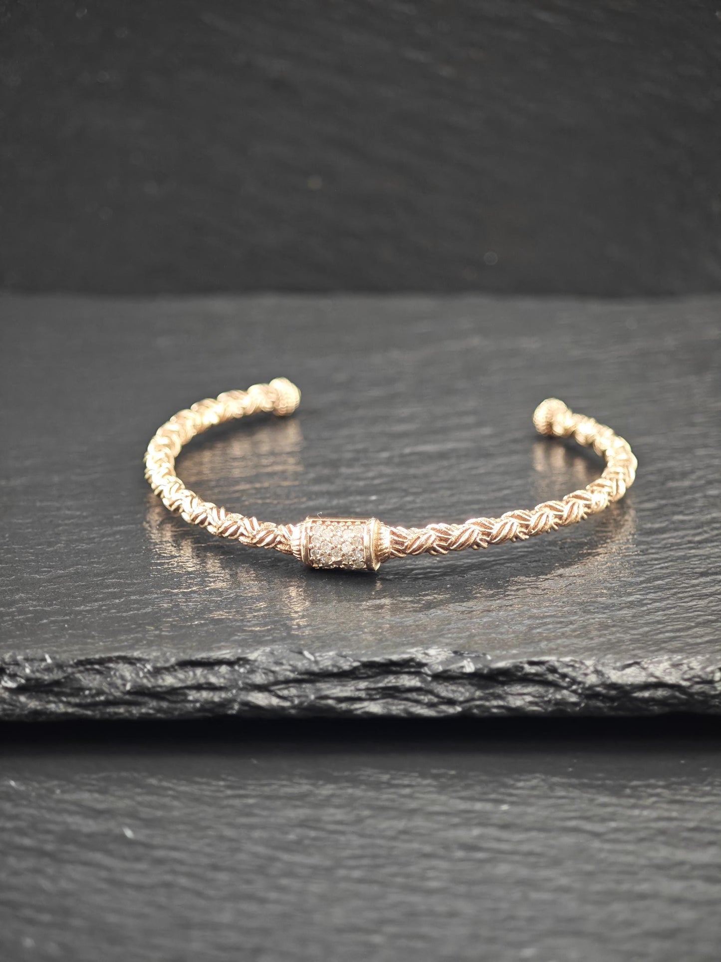 Rose Gold Plate Diamond Woven Cuff Bracelet Sterling Silver