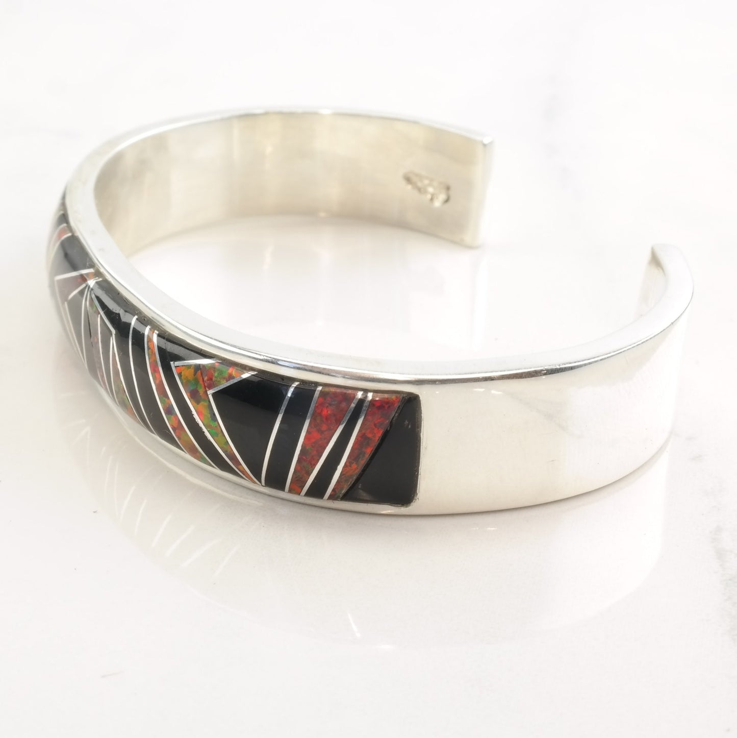 Southwest Sterling Silver Cuff Bracelet Fire Lab Opal Onyx Inlay