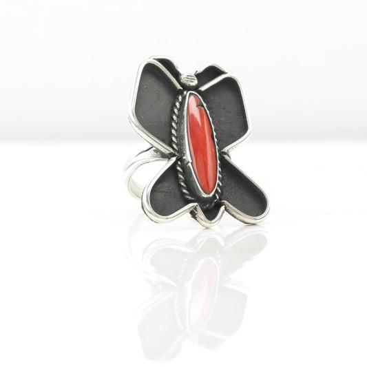 Native American Coral Butterfly Silver Ring, Shadow Box Sterling Size 7 1/2