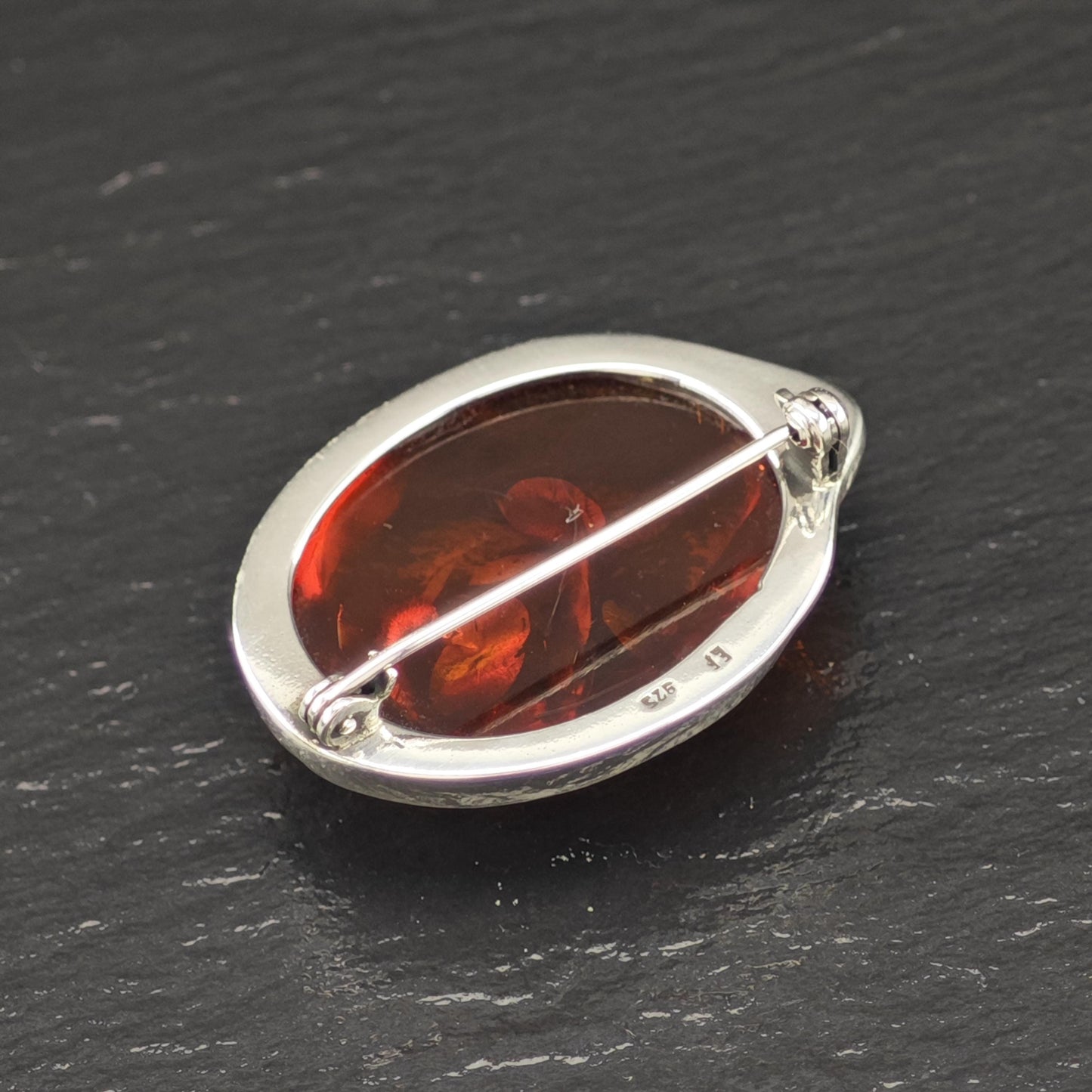 Vintage European Sterling Silver Brooch Oval Orange Natural Amber
