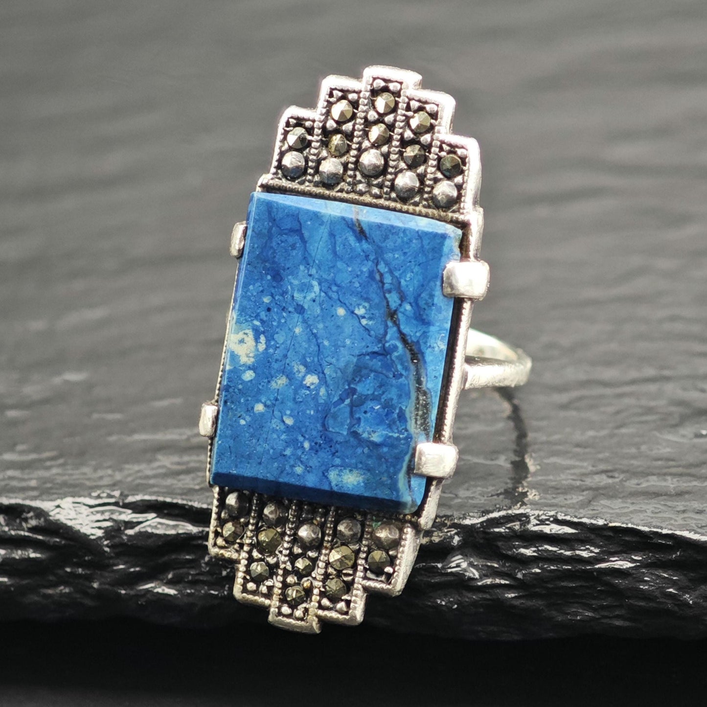 Art Deco Blue Gemstone Sterling Silver Ring Sz 3 1/4 R6593