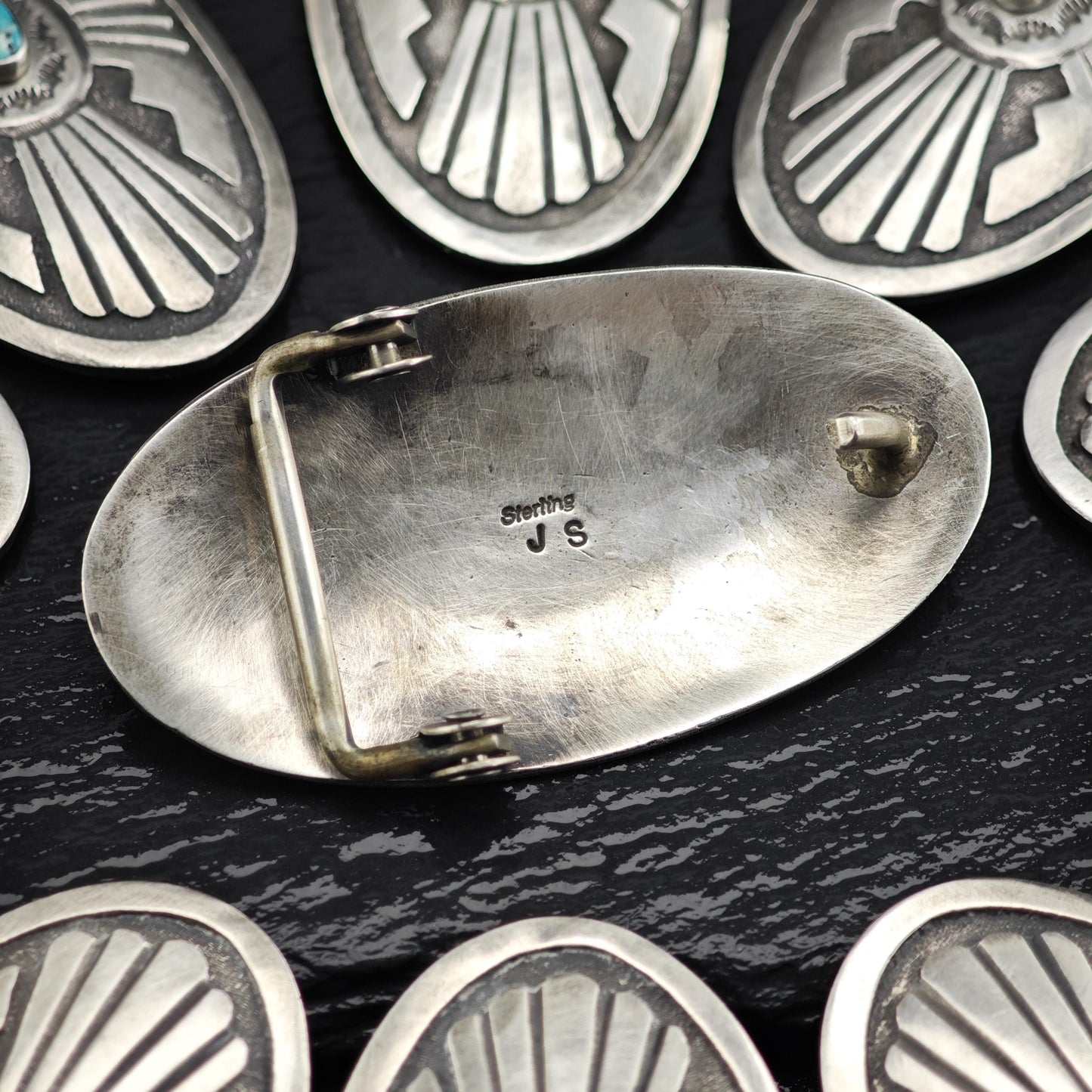 Navajo Turquoise Overlay Belt Buckle and Conchos Sterling Silver