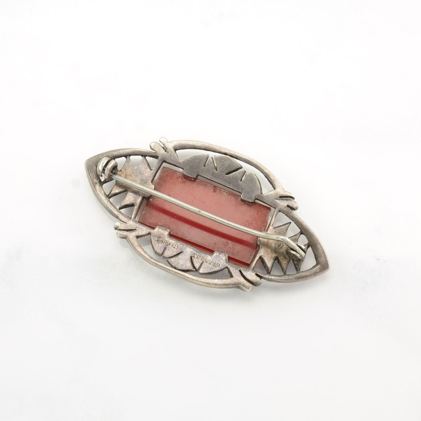 Art Deco Sterling Silver Brooch Carnelian Marcasite