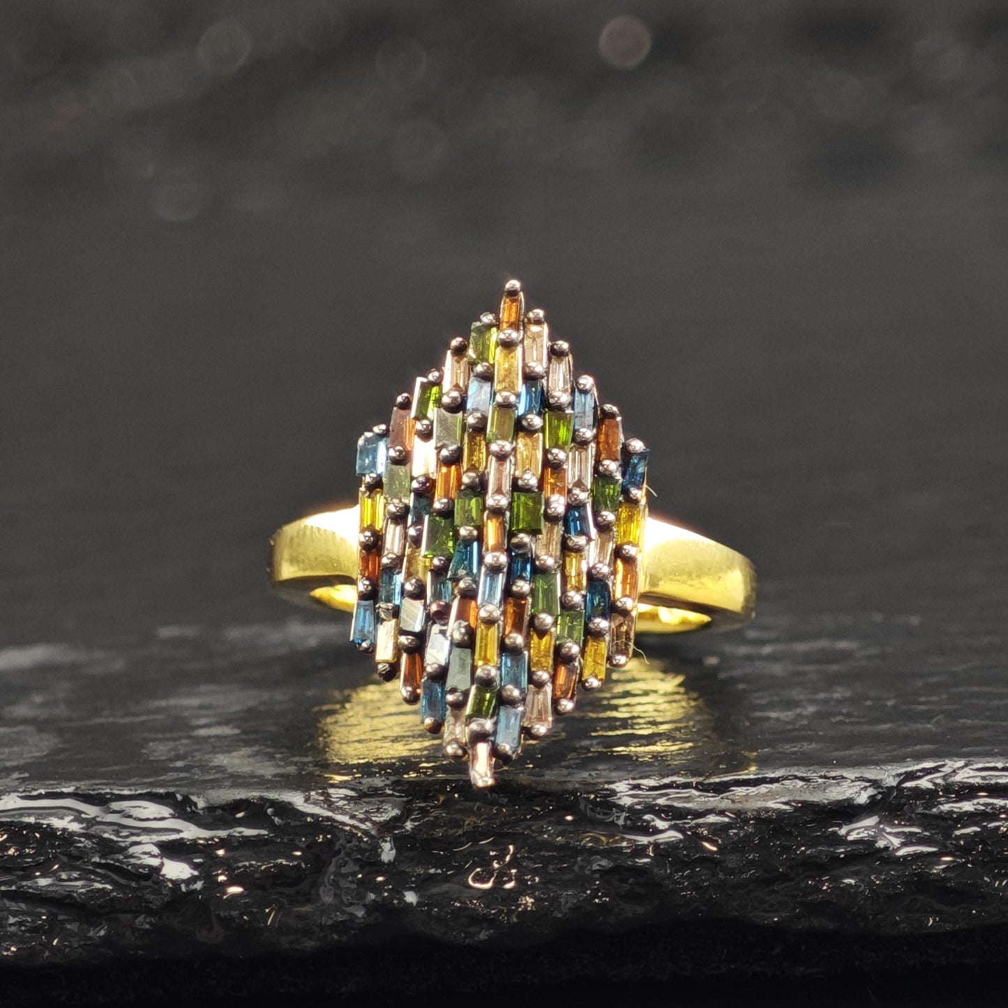 Color Diamond Marquis Shape Gold Plated Sterling Silver Ring Sz 6 R6610