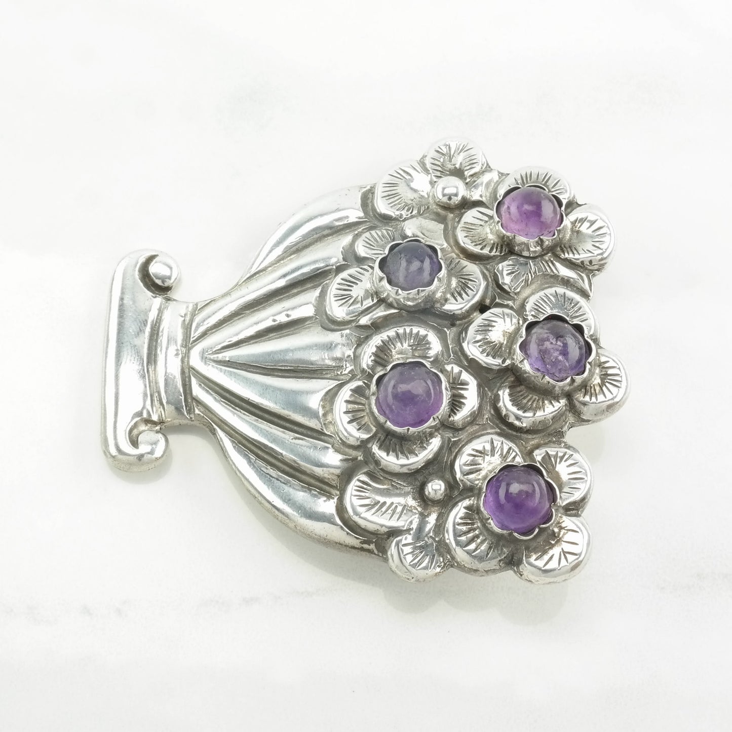 Taxco Sterling Silver Brooch Flower Basket Amethyst