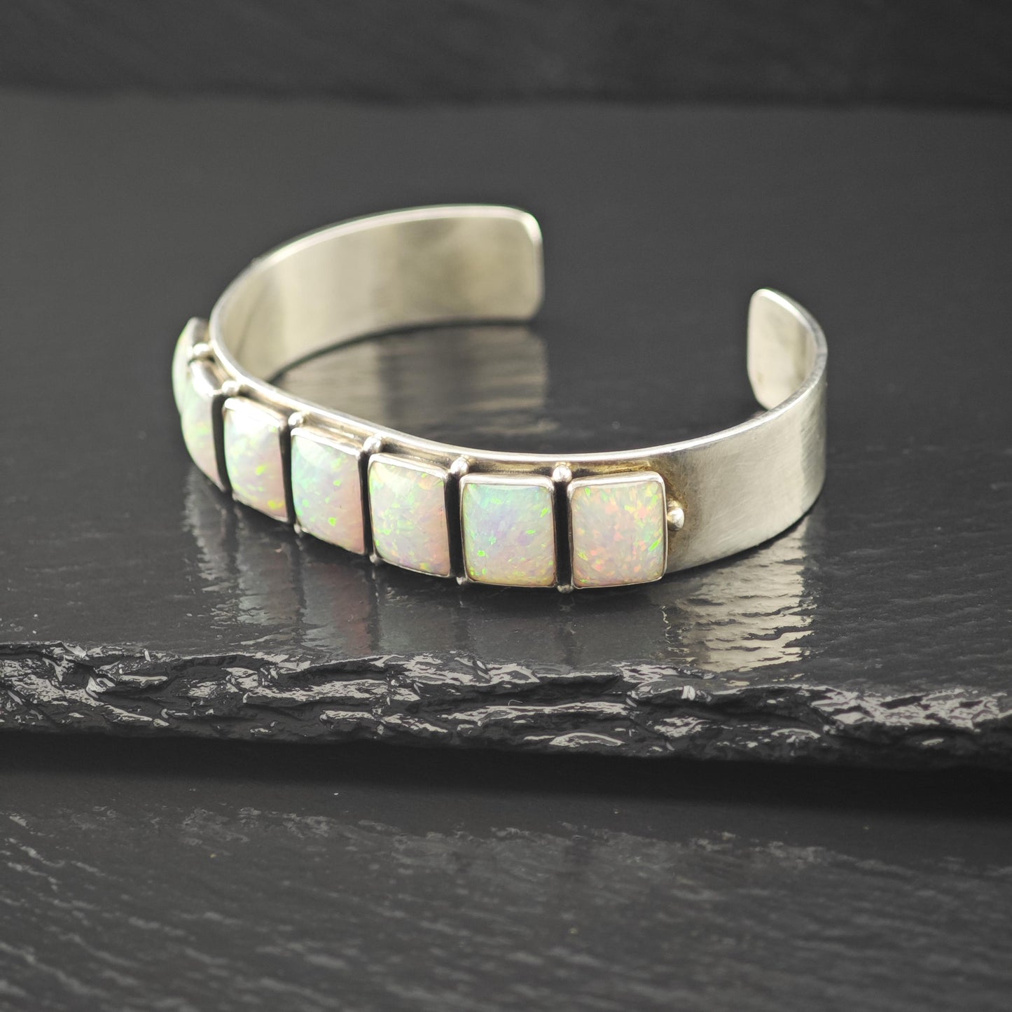 Navajo, Leonard James Lab Opal Cuff Bracelet Sterling Silver