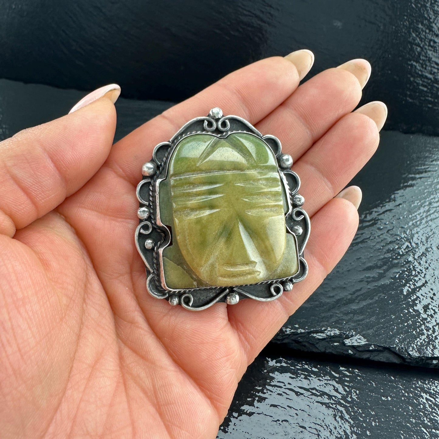Vintage Green Tribal Mask Brooch Carved Jade Onyx in Sterling Silver